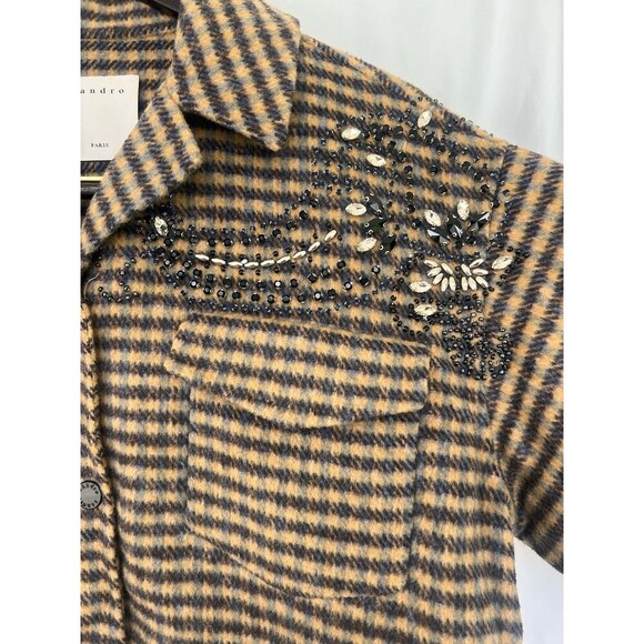 Sandro Paris Brodan Beaded Plaid Check Coat Wool Blend Button Front EU 38 US 6 - Picture 8 of 16